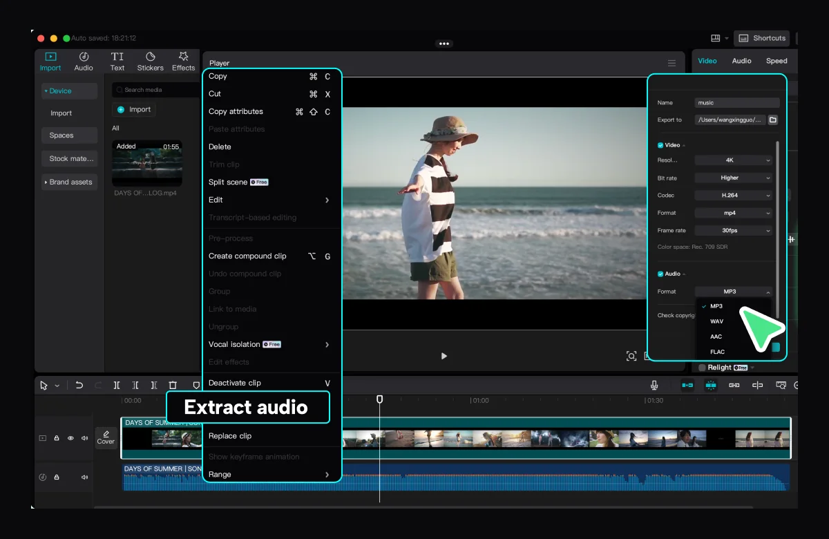 CapCut on desktop with the clip menu open on Extract audio, the imported MP3 sitting on the audio track below the video.