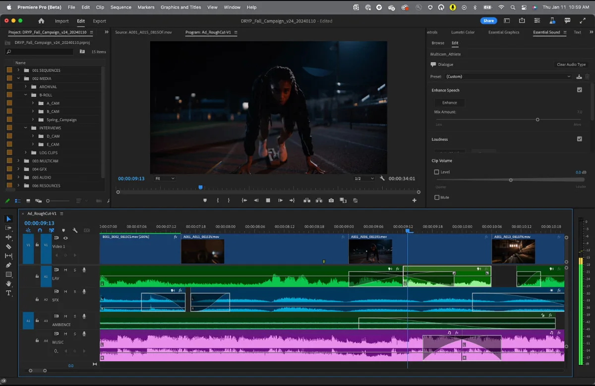 Premiere Pro with a vertical TikTok edit in the program monitor and stacked audio tracks for dialogue, ambience and sound effects.