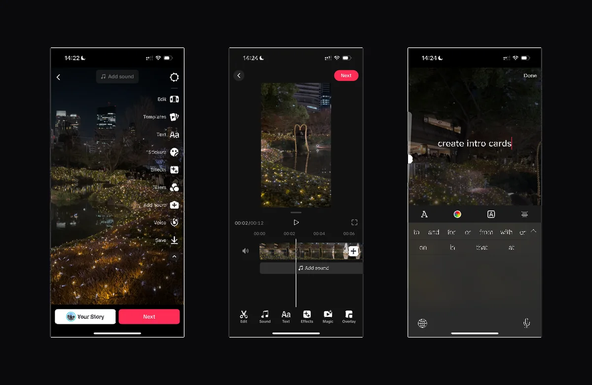 Three TikTok app screens: the editor with Add sound in the top bar, the sound trimmer showing the clip timeline, and the text overlay screen.